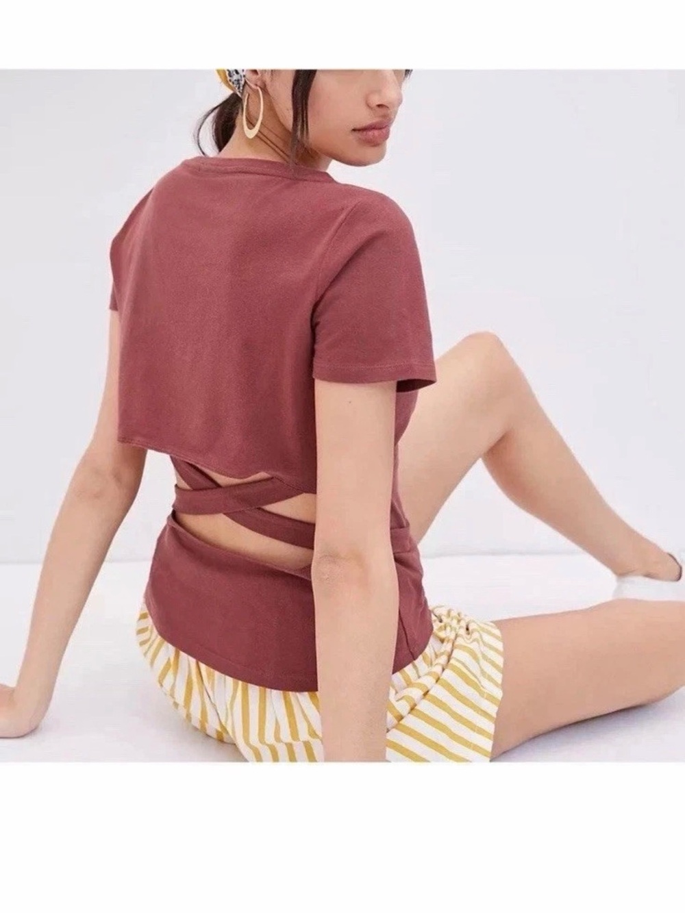Maeve By Anthropologie Backless Wrap Tee Womens L Tie Waist Short Sleeve
